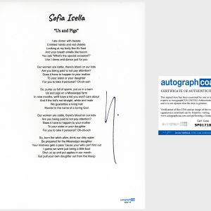 Sofia Isella 'Us And Pigs' Signed Lyric Sheet ACOA Indie Pop Singer