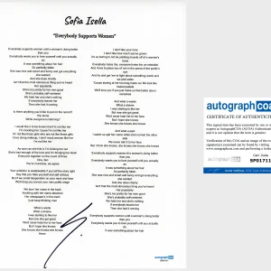 Sofia Isella 'Everybody Supports Women' Signed Lyric Sheet ACOA Indie Pop Singer