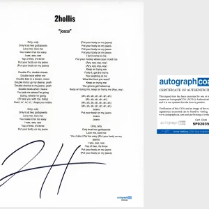 '2hollis' Signed Lyric Sheet 'Jeans' ACOA Rapper