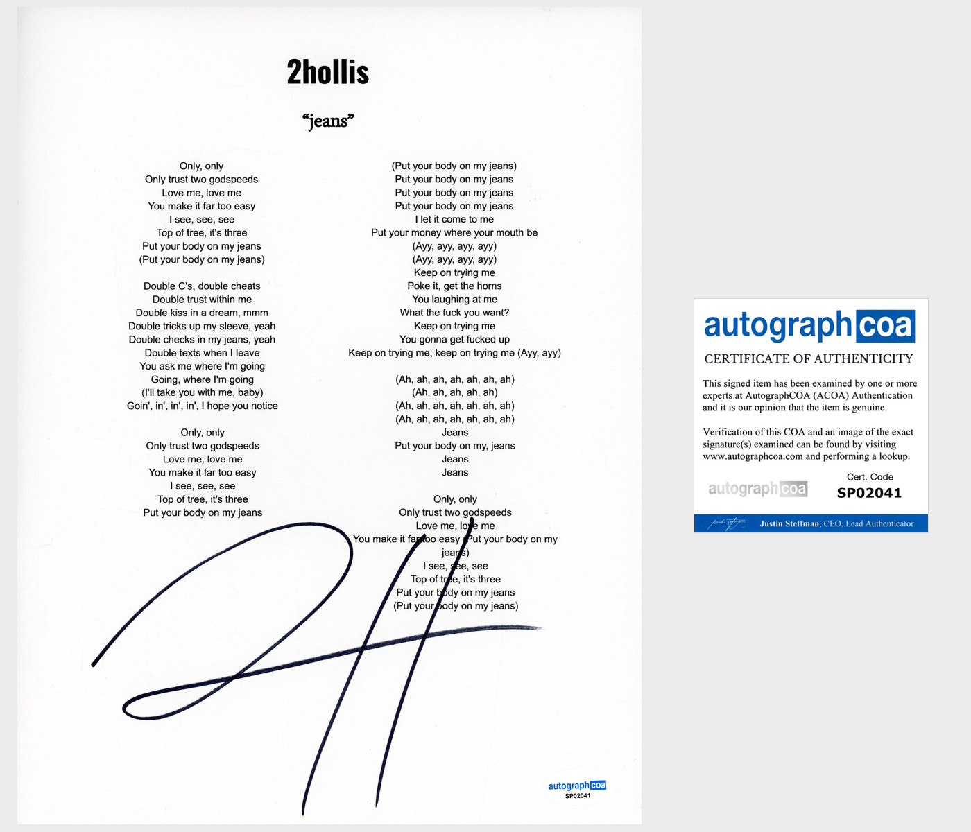 '2hollis' Signed Lyric Sheet 'Jeans' ACOA Rapper | Autographia