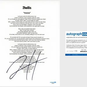 '2hollis' Signed Lyric Sheet 'Trauma' ACOA Rapper