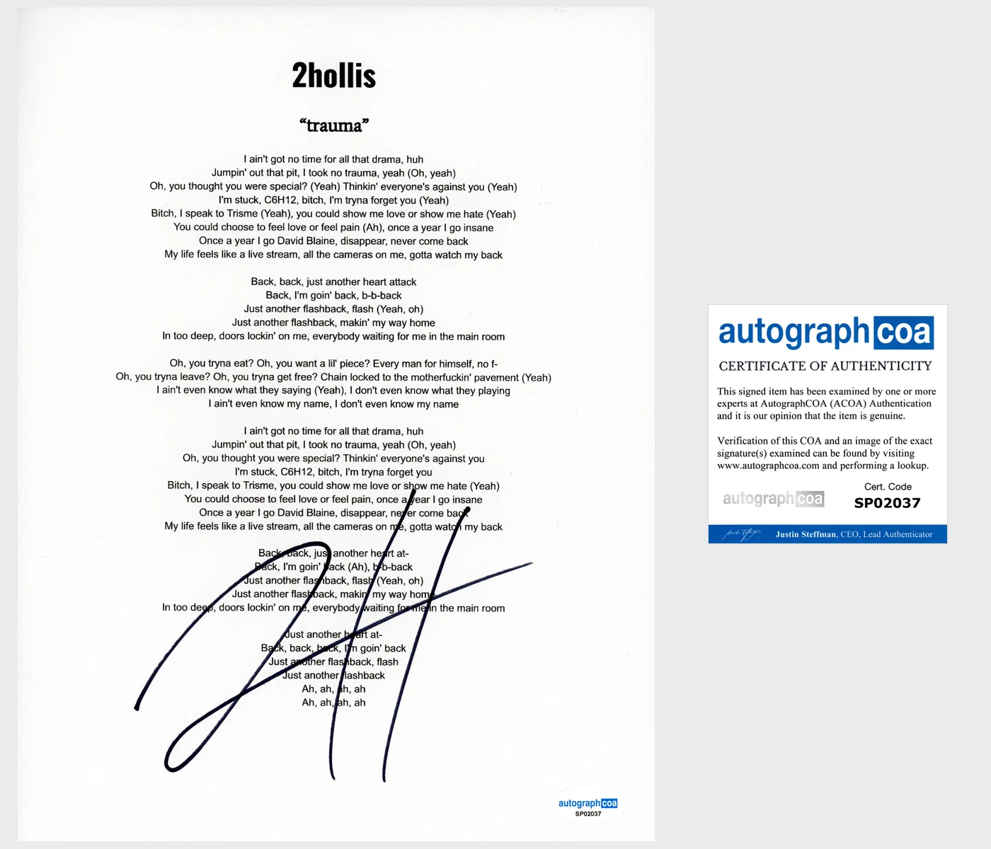 '2hollis' Signed Lyric Sheet 'Trauma' ACOA Rapper | Autographia