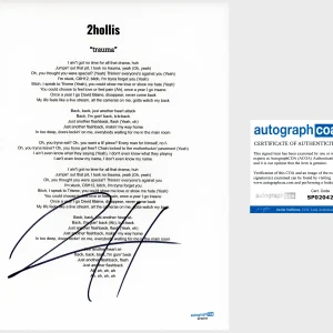 '2hollis' Signed Lyric Sheet 'Trauma' ACOA Rapper