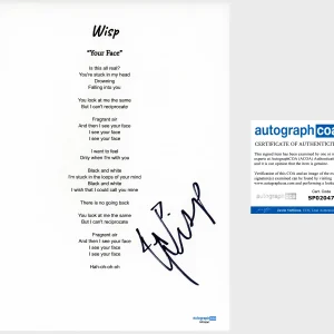 'Wisp' Signed Lyric Sheet 'Your Face' Natalie Lu ACOA