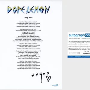 ‘Dope Lemon’ Signed Lyric Sheet ‘Hey You’ ACOA Angus Stone