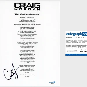 'Craig Morgan' Signed Lyric Sheet 'That's What I Love About Sunday' ACOA Country