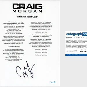 'Craig Morgan' Signed Lyric Sheet 'Redneck Yacht Club' ACOA Country