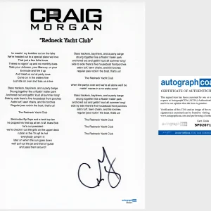 'Craig Morgan' Signed Lyric Sheet 'Redneck Yacht Club' ACOA Country