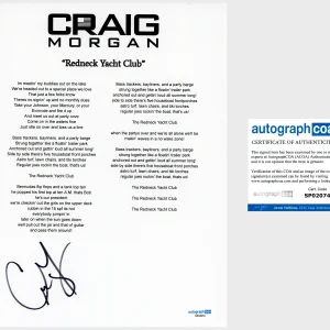 'Craig Morgan' Signed Lyric Sheet 'Redneck Yacht Club' ACOA Country