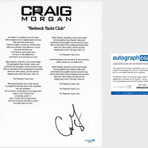 'Craig Morgan' Signed Lyric Sheet 'Redneck Yacht Club' ACOA Country
