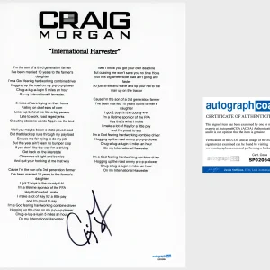 'Craig Morgan' Signed Lyric Sheet 'International Harvester' ACOA Country