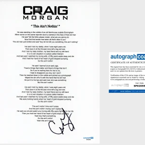 'Craig Morgan' Signed Lyric Sheet 'This Ain't Nothin' ACOA Country