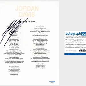 'Jordan Davis' Signed Lyric Sheet 'Next Thing You Know' ACOA Country Star