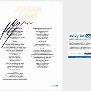 'Jordan Davis' Signed Lyric Sheet 'Buy Dirt' ACOA Country Star