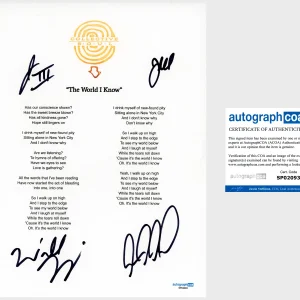 ‘Collective Soul’ Band Signed Lyric Sheet 'The World I Know' +4 ACOA