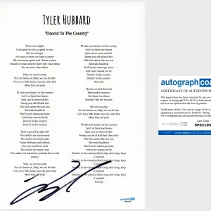 'Tyler Hubbard' Signed Lyric Sheet ‘Dancin' In The Country' ACOA