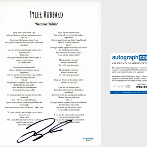 'Tyler Hubbard' Signed Lyric Sheet ‘Summer Talkin' ACOA