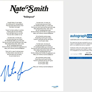 ‘Nate Smith’ Country Singer Signed ‘Bulletproof’ Lyric Sheet Autograph ACOA