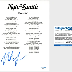 ‘Nate Smith’ Country Singer Signed ‘World On Fire’ Lyric Sheet Autograph ACOA