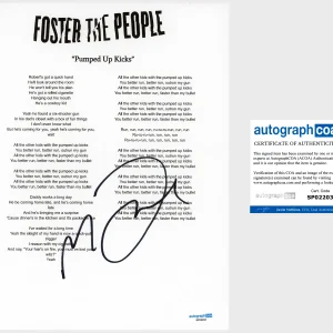 Mark Foster 'Foster The People' Band Signed Lyric Sheet 'Pumped Up Kicks' ACOA