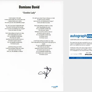 'Damiano David' Signed Lyric Sheet 'Zombie Lady' ACOA Maneskin Band