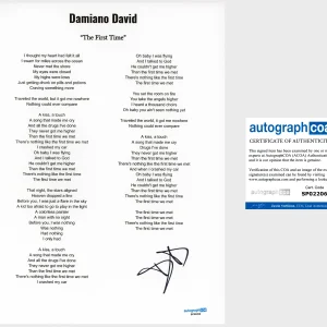 'Damiano David' Signed Lyric Sheet 'The First Time' ACOA Maneskin Band