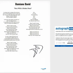 'Damiano David' Signed Lyric Sheet 'Born With A Broken Heart' ACOA Maneskin Band