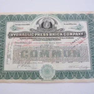 Hydraulic Press Brick Company Stock Certificate Missouri 100 Shares 1945