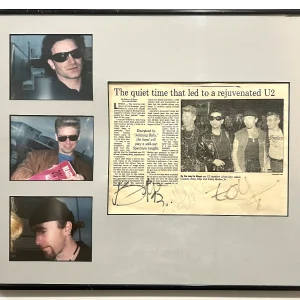 U2 band REAL hand SIGNED vintage news article framed display JSA LOA Bono Edge +