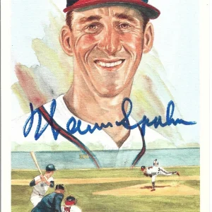 Warren Spahn SIGNED Perez-Steele Hall of Fame Art Postcard #6946/10000 JSA COA