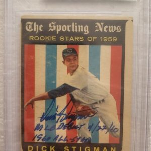 1959 TOPPS ROOKIE STARS DICK STIGMAN INDIANS SIGNED AUTOGRAPH #142 CARD BECKETT