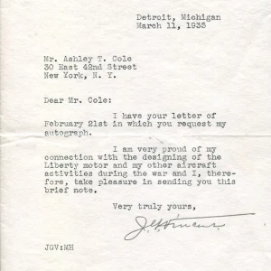 Jesse G. Vincent Liberty Aircraft Engine Designer Packard Cars Signed Autograph