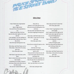 SPRINGSTEEN & THE ESTREET BAND SOZZIE TYRELL SIGNED GLORY DAYS LYRIC SHEET