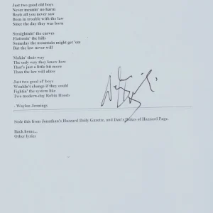 WAYLON JENNINGS Signed Autograph Dukes of Hazzard Lyrics JSA COA