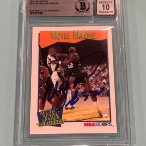 MOSES MALONE Signed 1991-92 HOOPS Card #537 Beckett (BAS) AUTO 10