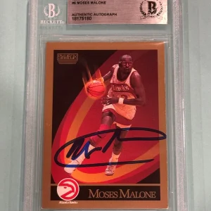 MOSES MALONE Signed 1990-91 SKYBOX Card #6 Beckett (BAS)