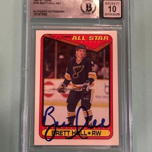 BRETT HULL Signed 1990-91 TOPPS Card #195 Beckett Authenticated BAS AUTO 10