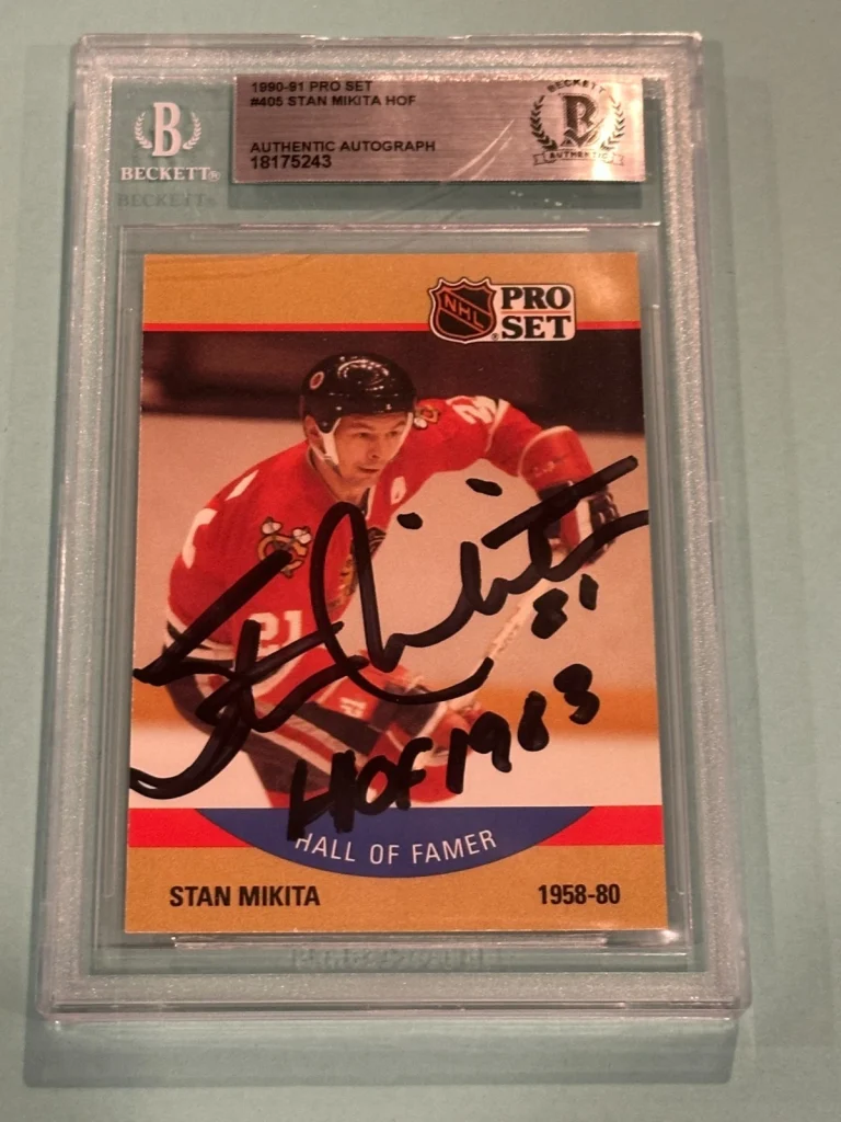 STAN MIKITA Signed 1990-91 PRO SET Card #405 Beckett BAS w/ HOF Inscription