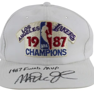 Lakers Magic Johnson "1987 Finals MVP" Signed 1987 World Champ White Hat BAS Wit