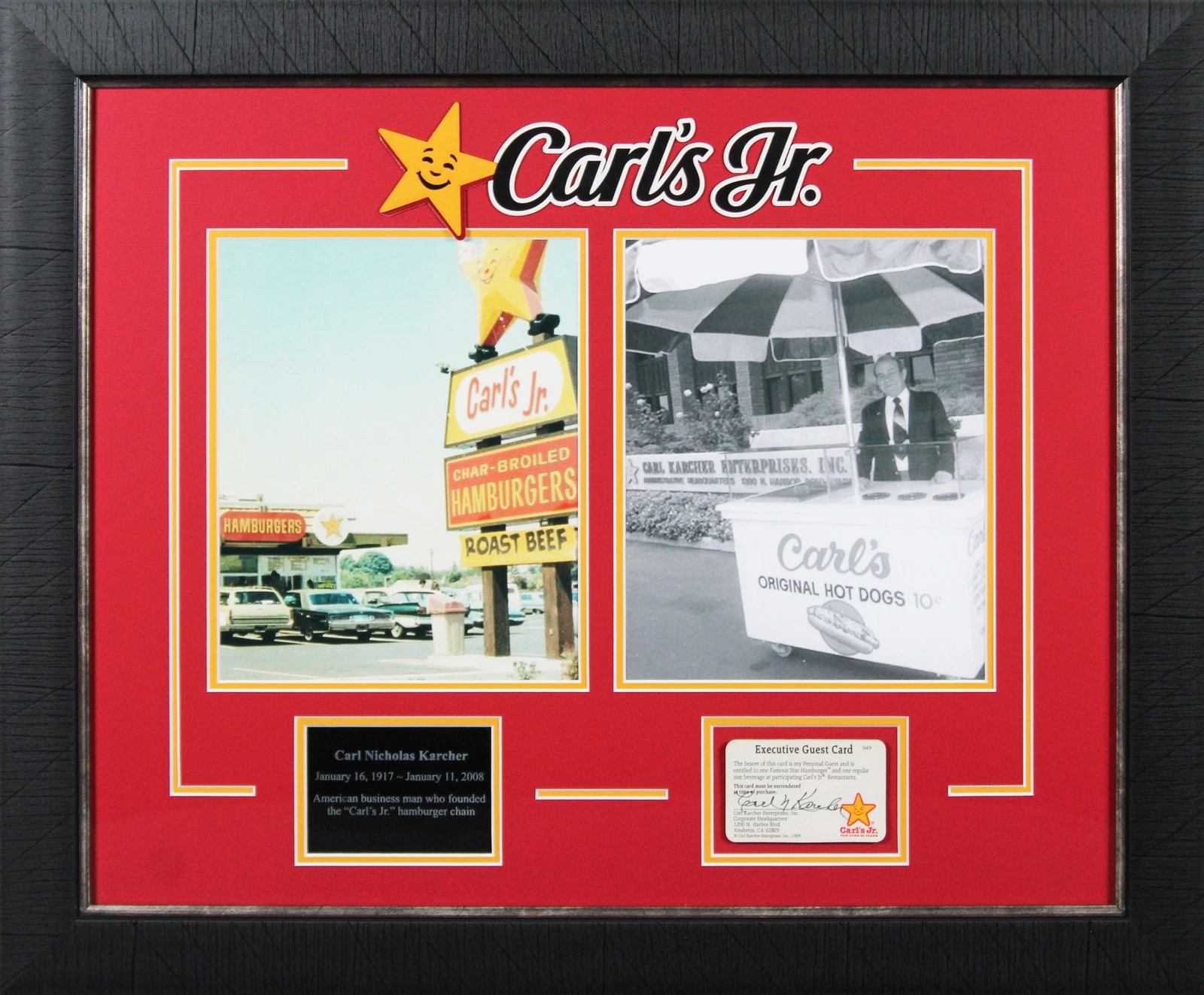 Carl Karcher Carl's Jr. Signed & Framed Executive Guest Card Card BAS # ...