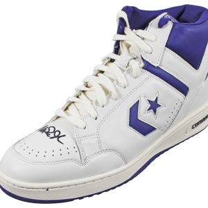 Lakers Magic Johnson Signed Left Purple & White Converse Weapon Shoe BAS Wit 2