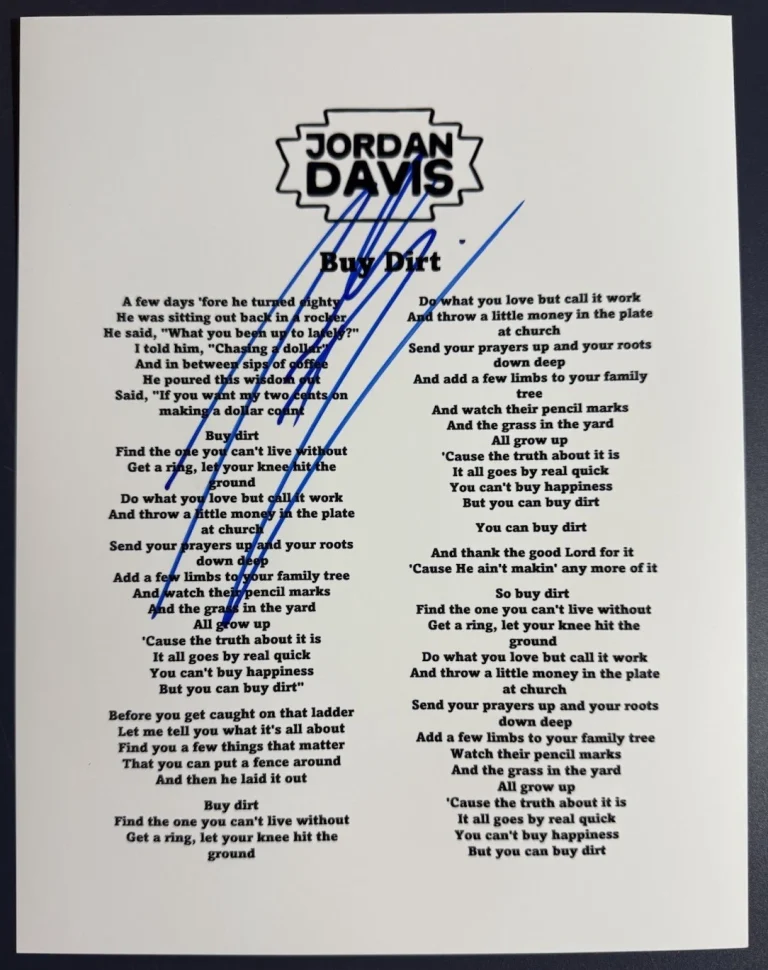 JORDAN DAVIS SIGNED LYRIC SHEET COUNTRY SINGER BUY DIRT AUTHENTIC AUTOGRAPH COA COLLECTIBLE MEMORABILIA