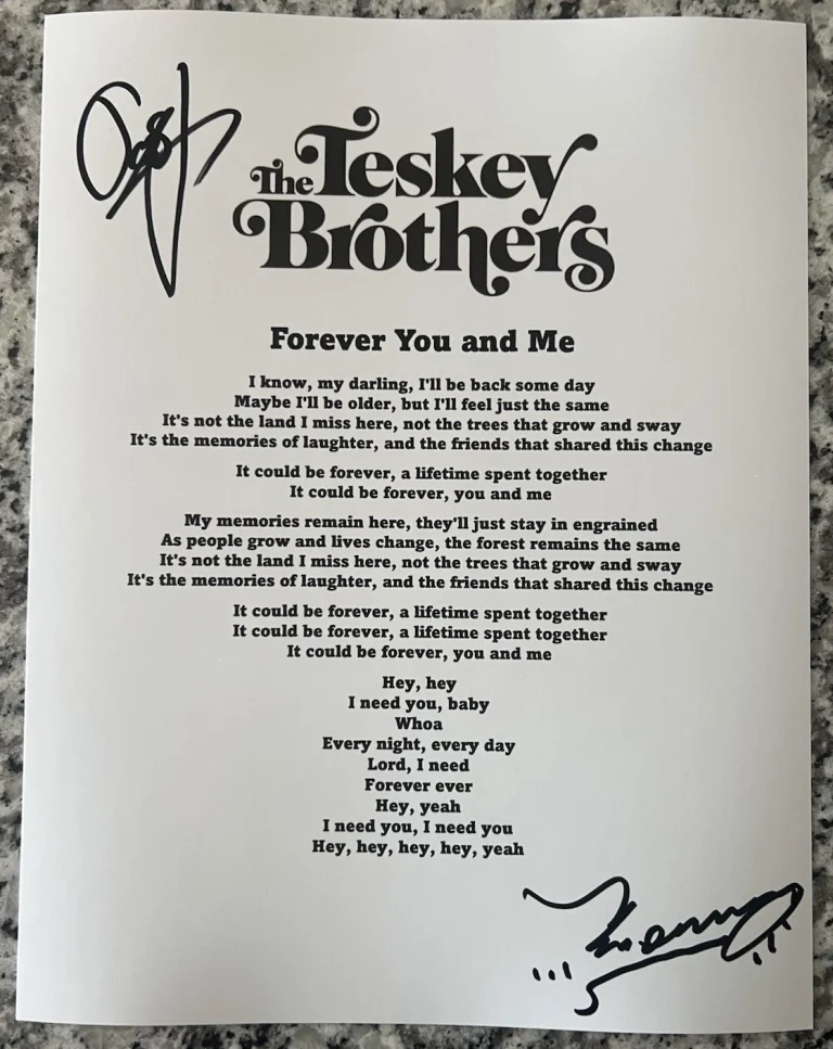 TESKEY BROTHERS SIGNED FOREVER YOU AND ME LYRIC SHEET AUTHENTIC AUTOGRAPH COA