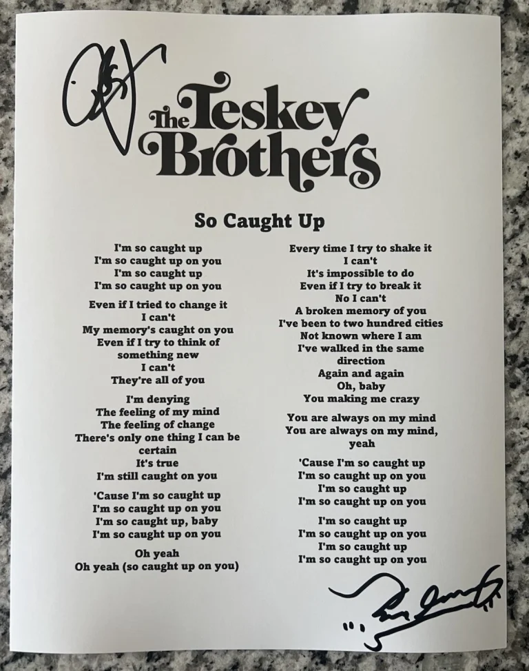TESKEY BROTHERS SIGNED SO CAUGHT UP LYRIC SHEET AUTHENTIC AUTOGRAPH COA