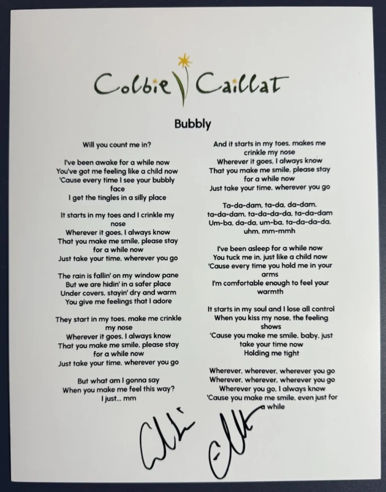 COLBIE CAILLAT SIGNED BUBBLY LYRIC SHEET AUTOGRAPH AUTHENTIC COA