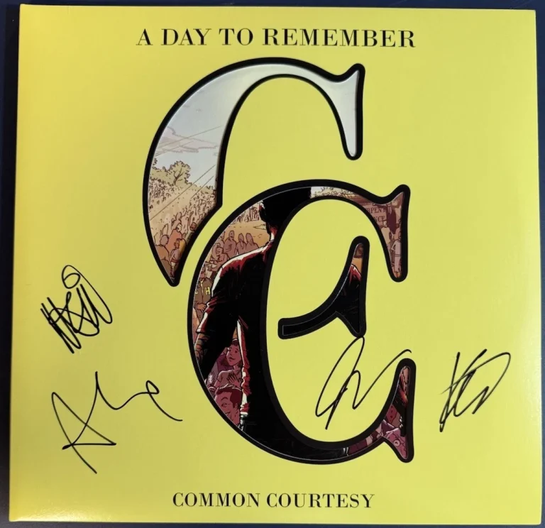A DAY TO REMEMBER SIGNED FULL BAND COMMON COURTESY VINYL AUTOGRAPH COA