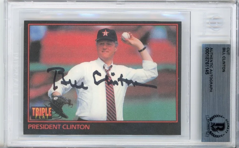 PRESIDENT BILL CLINTON SIGNED AUTOGRAPH TRIPLE PLAY CUT AUTO BECKETT BAS COA