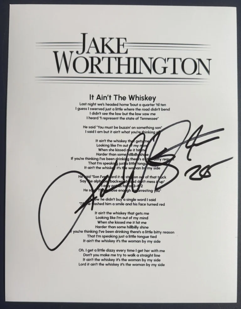 JAKE WORTHINGTON SIGNED IT AIN’T THE WHISKEY LYRIC SHEET AUTOGRAPH AUTHENTIC COA