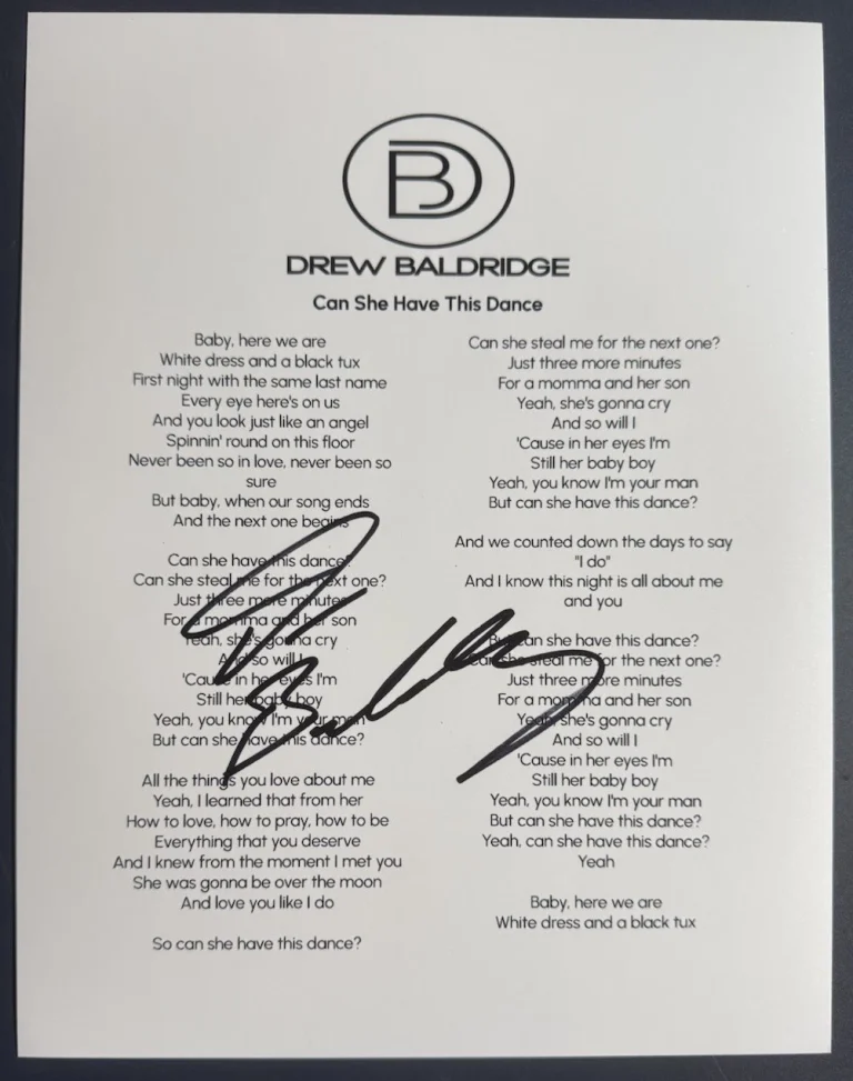 DREW BALDRIDGE SIGNED CAN SHE HAVE THIS DANCE LYRIC SHEET AUTOGRAPH COA