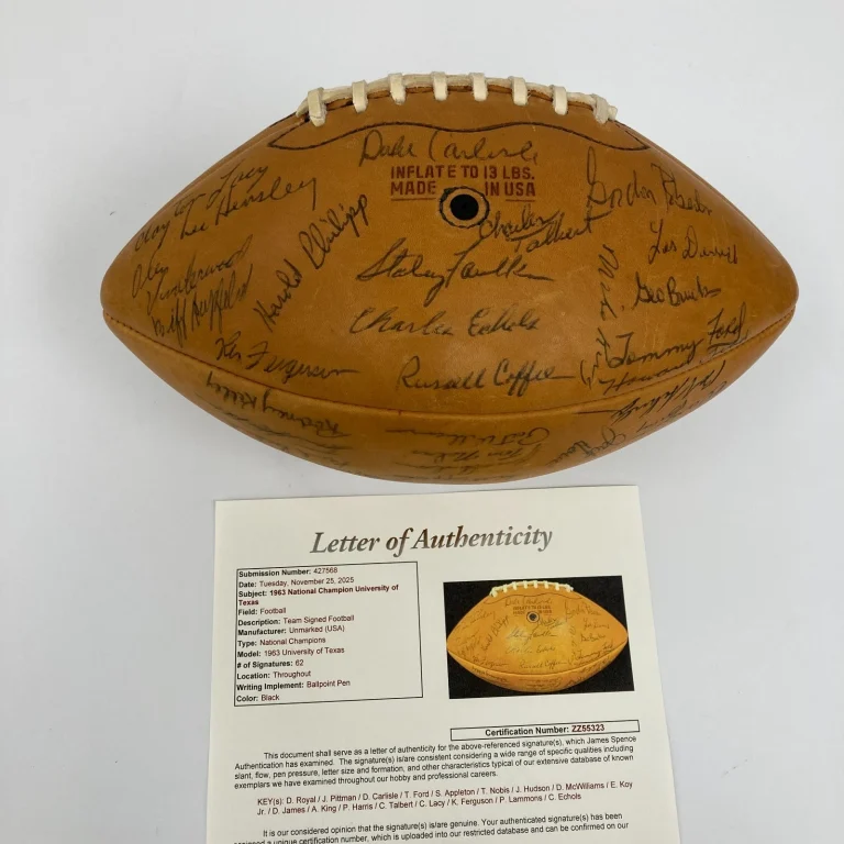 1963 UNIVERSITY OF TEXAS LONGHORNS NCAA CHAMPIONS TEAM SIGNED FOOTBALL JSA COA COLLECTIBLE MEMORABILIA